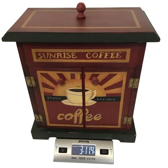 VTG Sunrise Coffee Storage Cabinet Hand-Painted Dual Doors Lid Wood Rustic Red - Picture 10 of 10